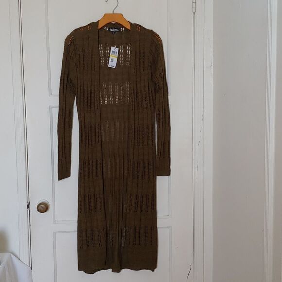 Freshman 1996 Juniors' Olive Green Pointelle Duster Cardigan Size M NWT - Picture 1 of 6
